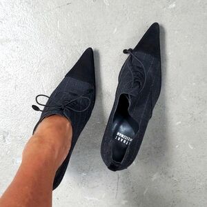 Stuart Weitzman grey pinstriped flannel tie pump with black suede toe & heel.